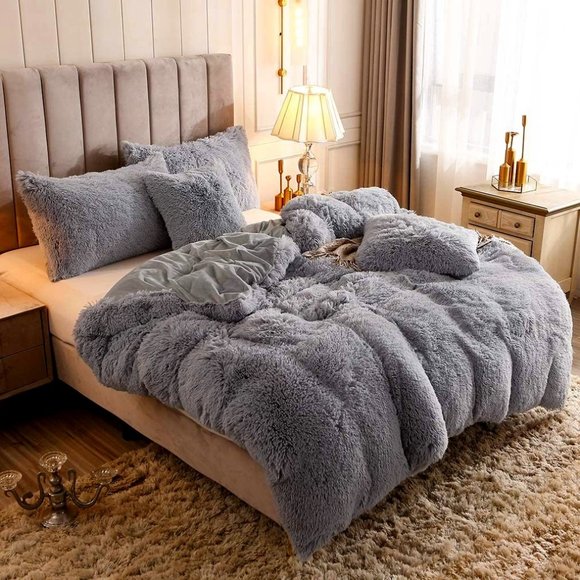Charcoal Queen Faux Fur Comfy Plush Shaggy Duvet Cover Set Luxury Velvet w … - Picture 6 of 6